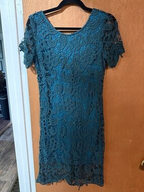 Teal Crochet Lace Short Sleeve Mini Dress